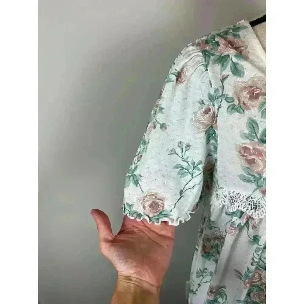 Vtg Barbizon Long Nightgown Short Sleeve Floral Ruffle Lace Cotton Blend M